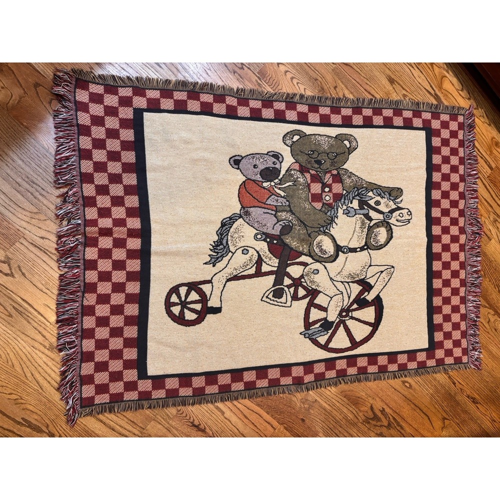 Vintage Goodwin Weavers Teddy Bear Rocking Horse Woven Throw Blanket Gingham